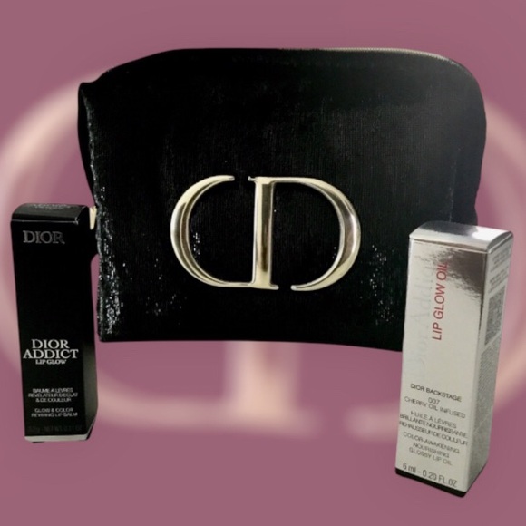 Dior Black Cosmetic Bag with Lip Glow and Lip Glow Oil with Gold Logo - Picture 1 of 4